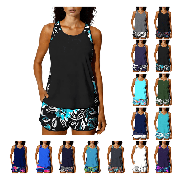 Womens Tankini Swimsuits Two Piece Bathing Suit Athletic Tank Tops with Boyshorts Printed Modest Swimwear