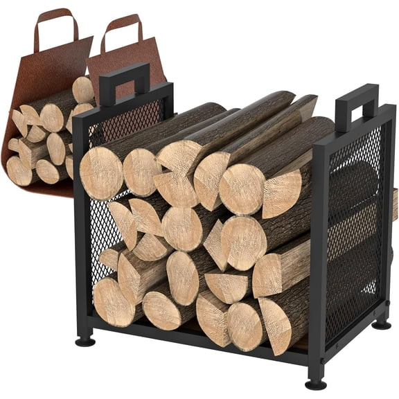 Firewood Rack for Indoor, Heavy Duty Fire Wood Racks Holder, 17.32" Metal Wood Storage Log Holder with Leather Carrier, Small Firewood Stand for Fireplace Patio Deck, Black