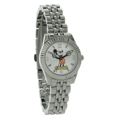 Disney Adult Female Mickey Mouse Silver Tone Classic Fluted Bezel Watch (MCKAQ1566)