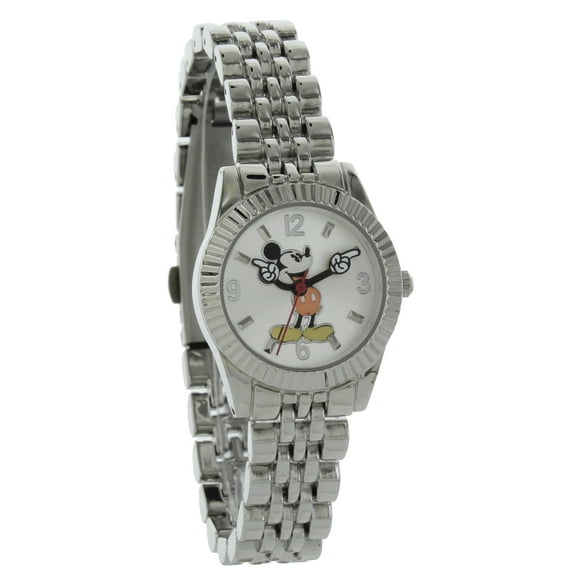 Disney Adult Female Mickey Mouse Silver Tone Classic Fluted Bezel Watch (MCKAQ1566)