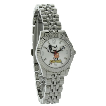 Disney Adult Female Mickey Mouse Silver Tone Classic Fluted Bezel Watch (MCKAQ1566)