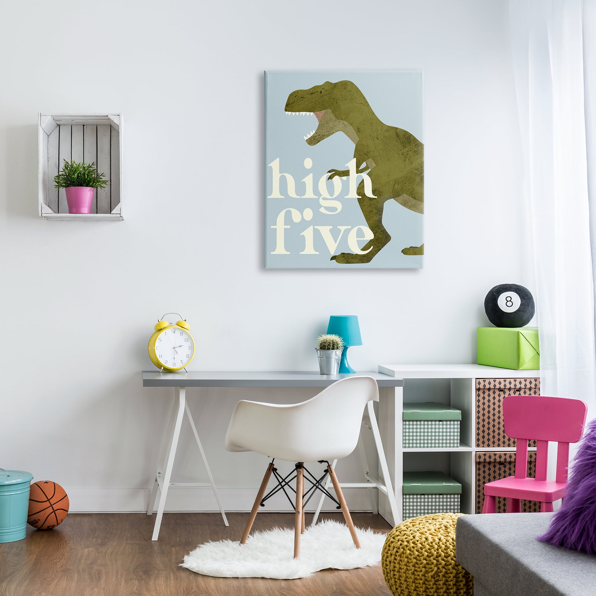Stupell Industries High Five Roaring Dinosaur T-Rex Kids Typography Graphic Art Gallery Wrapped Canvas Print Wall Art, Design by Daphne Polselli