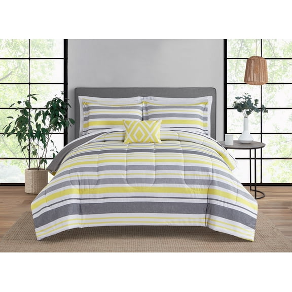 Mainstays Grey and Yellow Stripe 8-Piece Bed-in-a-Bag Comforter Set with Sheets, Queen