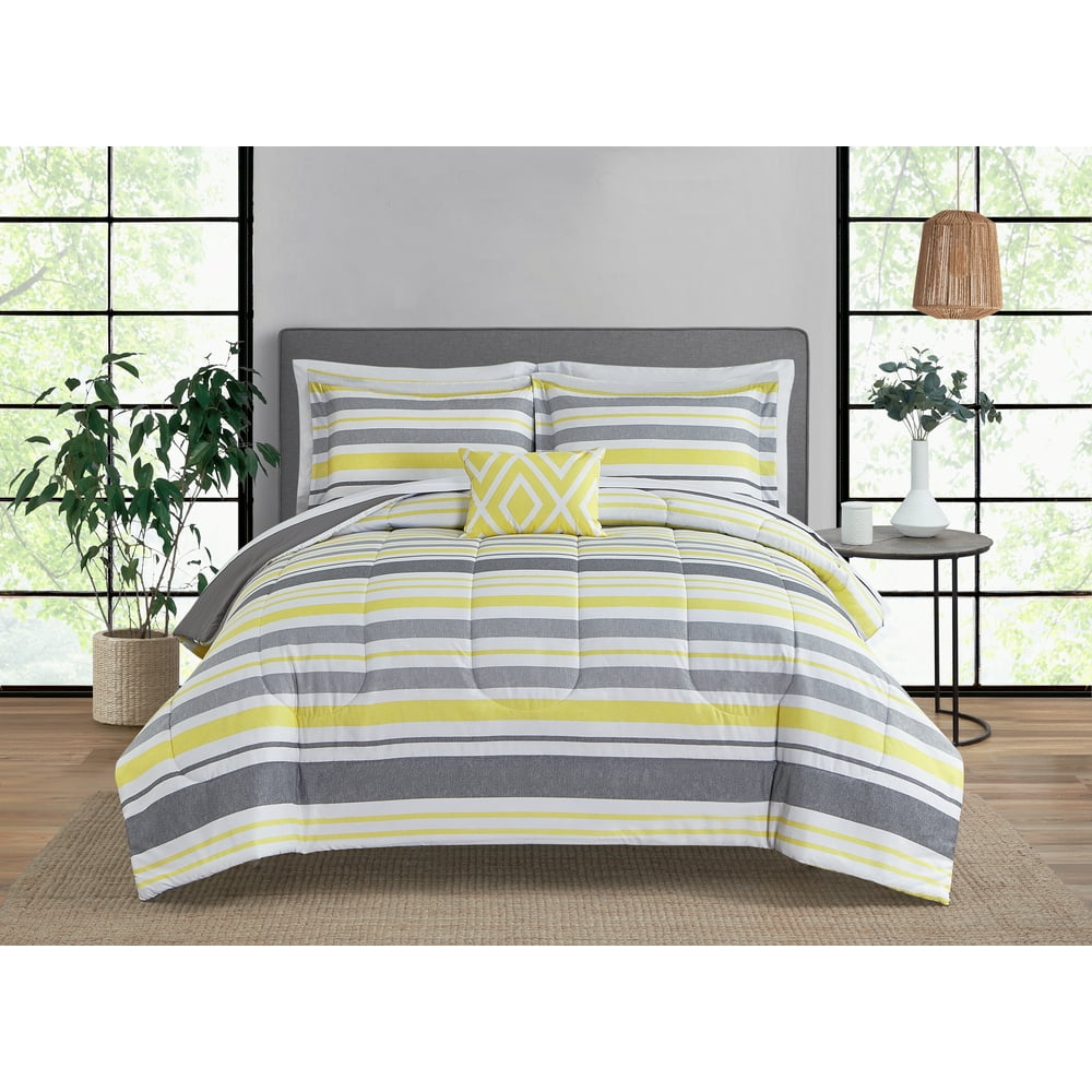Mainstays Yellow and Grey Stripe 8 Piece Bed in a Bag, King with Sheets