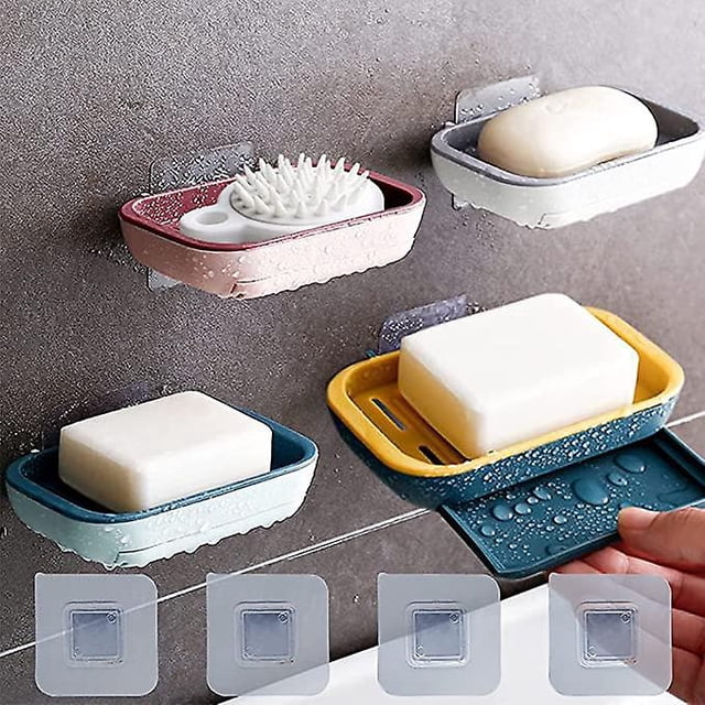 Jabonera con desagüe, 4 jaboneras para mantener el jabón seco, para cocina, baño y ducha. 4 colores, bandeja de jabón adhesiva para pared, sin clavos, sin perforaciones