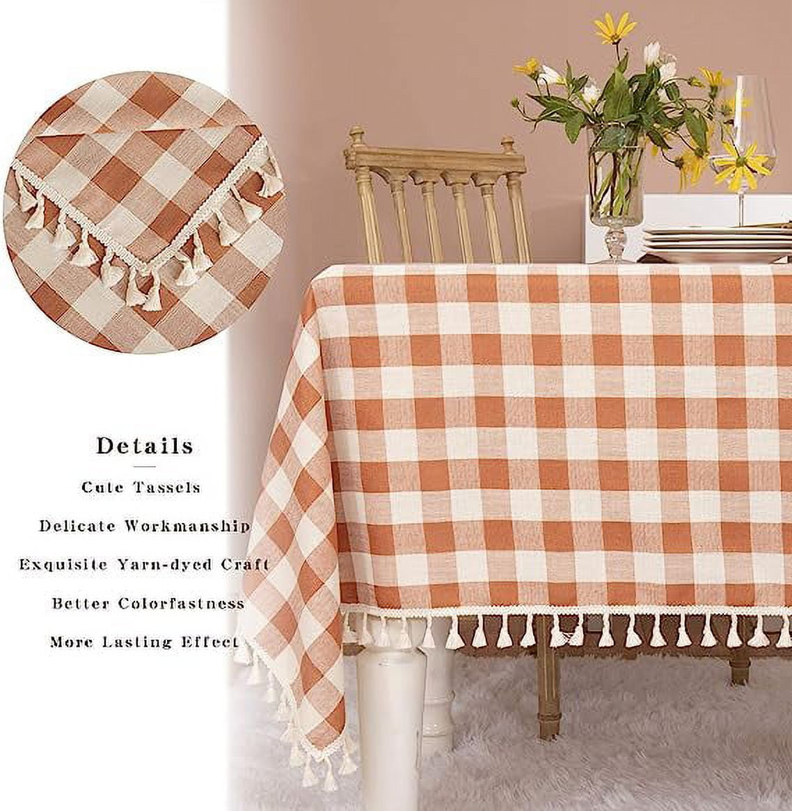 Namzi-b Checkered Rectangle Tablecloth, Heavy Weight Wrinkle Free Cotton Linen Table Cloth Plaid Table Cover for Spring Summer Picnic Kitchen Dinner Restaurant Outdoor ,51*70.8in, Orange