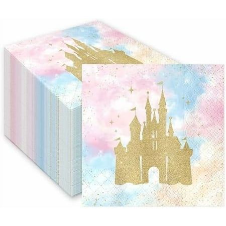 100pcs Princess Castle Napkins Party Supplies Hand Towels Napkin Gold Glitter Castle Napkins for Girls Birthday Party Decor