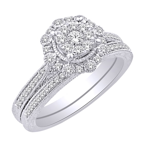 AFFY 0.5 Ct Round White Natural Diamond Cluster Ring in 14k White Gold Ring Size : 4