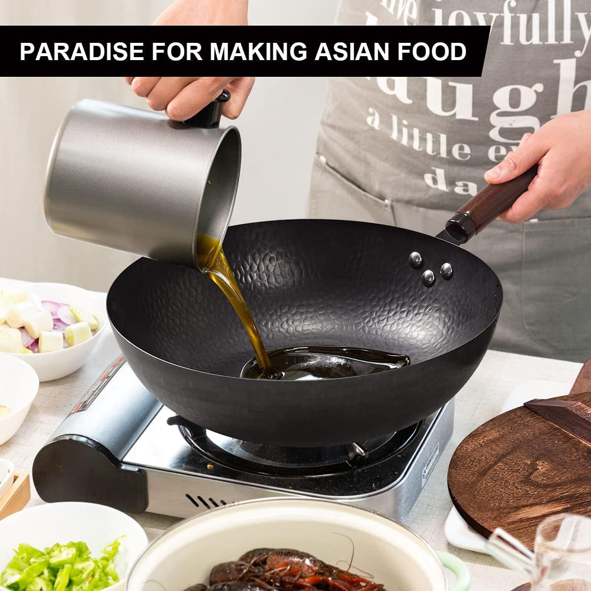 12.8" Carbon Steel Wok with 10 Cookware Accessories and Lid, Flat Bottom for Stovetops