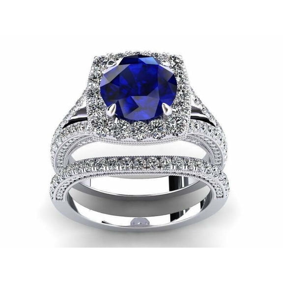 925 Sterling Silver Round Blue Sapphire Halo Bridal Ring Set for Women,-4.5