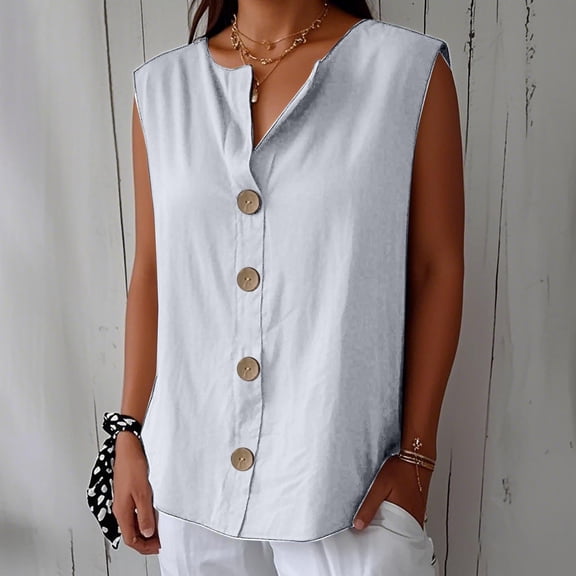 Tank Top for Woman Linen Shirts For Woman Summer Cotton Linen V Neck Tops Loose Vacation Beach Solid Blouses Tunic Tops Tank Tops