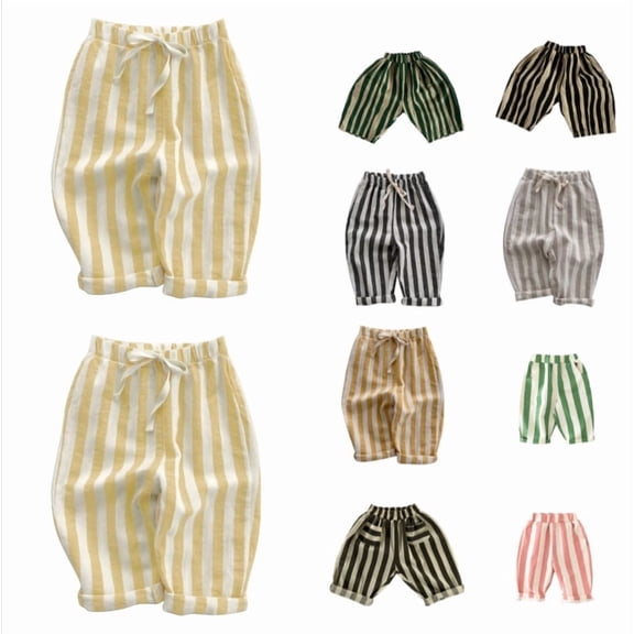 Krdevn Toddler Cotton Striped Pants, Elastic Waist Drawstring Casual Trousers,Light Yellow