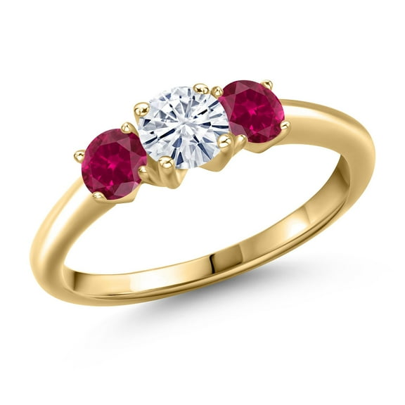 Gem Stone King 10K Yellow Gold White Moissanite and Red Created Ruby Engagement Ring for Women | 1.00 Cttw | Round 5MM | Gemstone Birthstone | Size 7