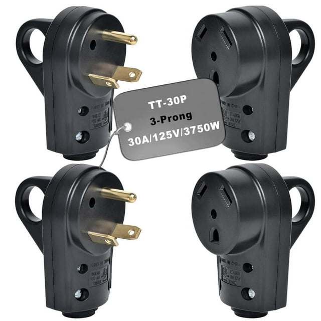 Ensemble de Prise RV 30 Ampères Mâle et Femelle, 2 Ensembles Réceptacle TT-30P/30R, Prise Électrique 125V Robuste avec Poignée, Répertorié ETL, pour Cordon 10/3AWG, Véhicule Récréatif, Motorhome, Remorque, Van Noir