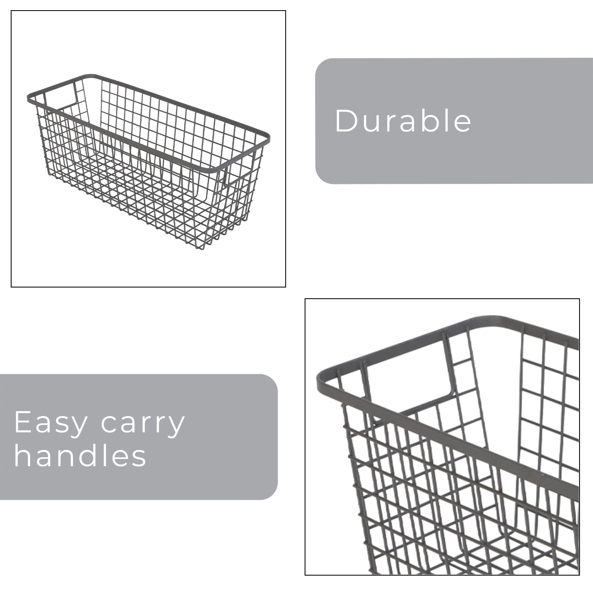 Smart Design Nestable Basket Organizer with Handles - 6 x 16 x 6 inches - Gunmetal - Set of 4