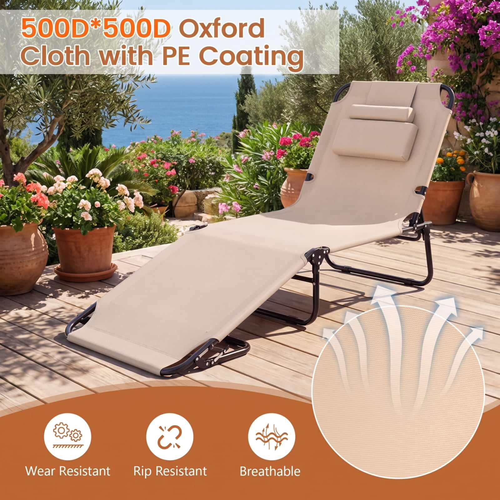 Furnibear Folding Patio Chair Solid Metal for Patio Porch Poolside Beige 330 lbs Capacity Weather-Resistant Outdoor Furniture
