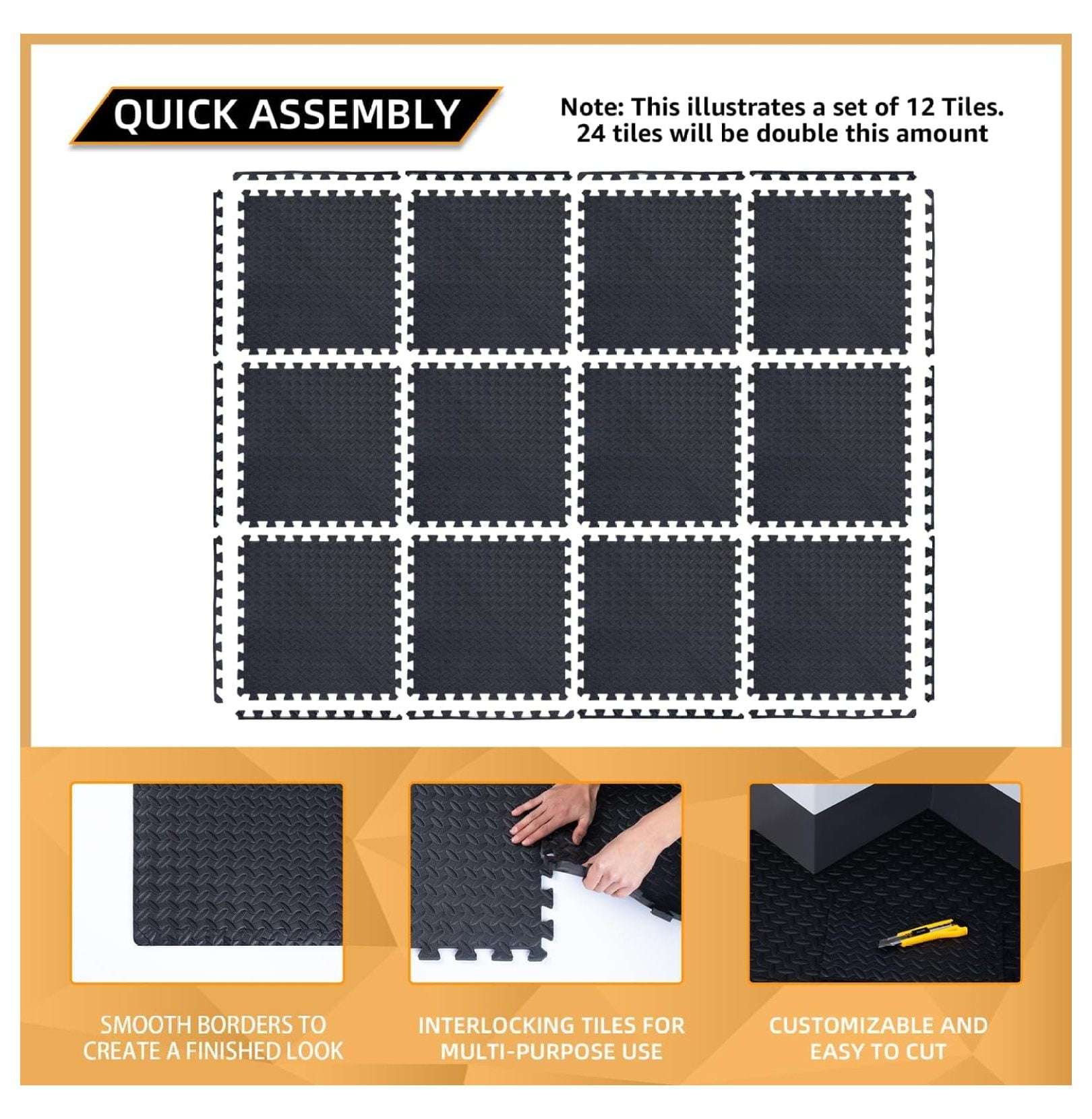 12 Pack, SQFT - 24" x 24" - 1/2" Extra Thick Floor for Home Gym or Floor Padding - High-Density Interlocking Foam Floor Tiles for Gym Equipment, Play Area | Yoga, Cardio, Weights
