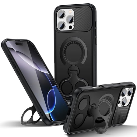 ShellTech For Apple iPhone 16 PC+TPU Protective Case with Kickstand Magnetic Shock-Absorbent Anti-Scratch Back Cover Anti-Fingerprint Wireless Charging Compatible,Black