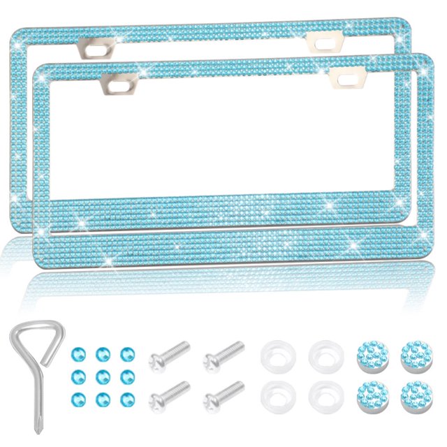 CUITING 2PCS Bling Car License Plate Frame Sparkly Rhinestone Stainless Steel License Plate Cover/Holder Universal for Most Cars SUVs Vehicles with Screw Set Auto Accessories for Wom