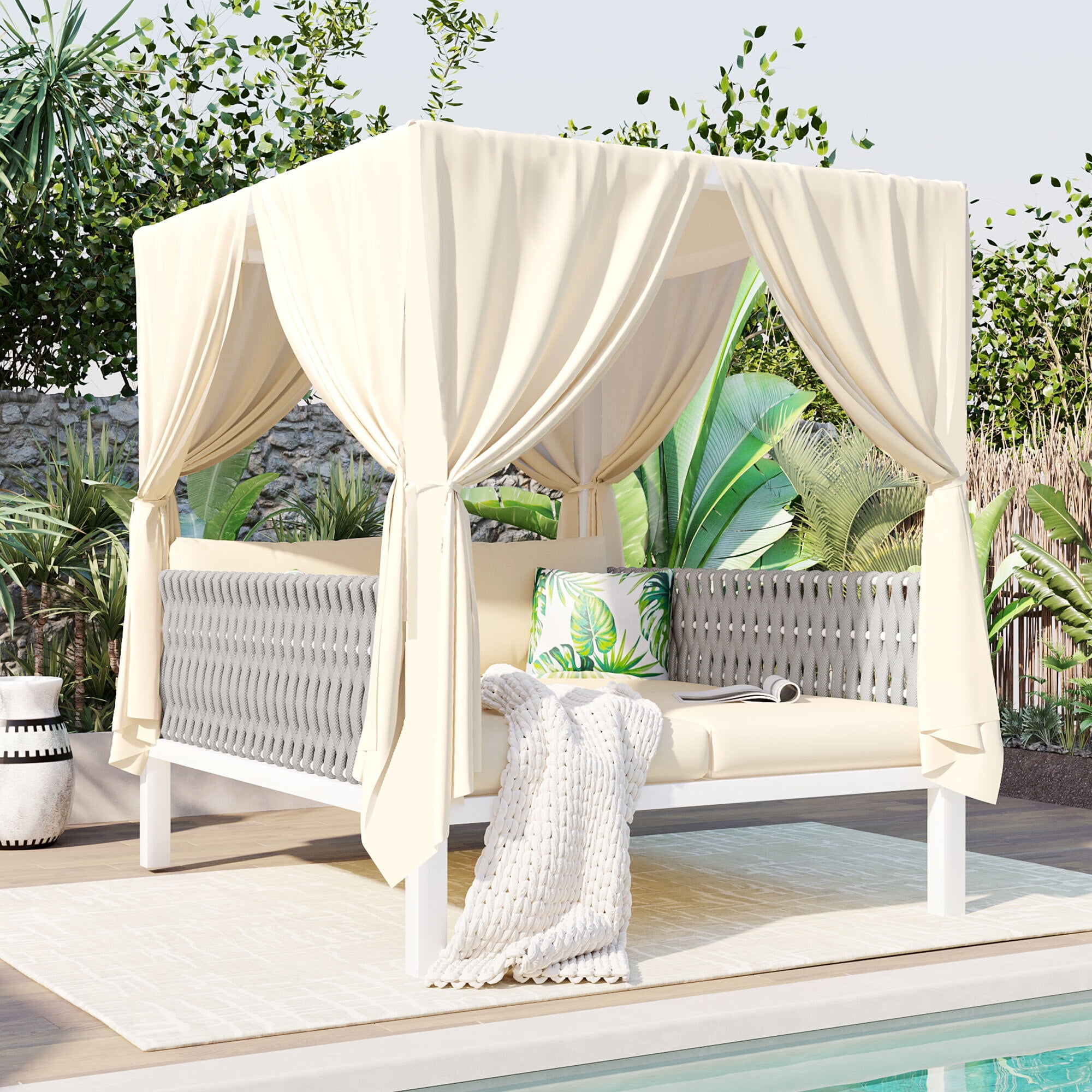 EUROCO Outdoor Patio Daybed Rubber Core Rope Weaving Sunbed Daybed with Resilience Four sided Canopy Double Chaise Lounge Suitable for Backyard Garden Poolside Gray Walmart