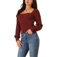 thumbnail image 4 of INSPIRE CHIC Women's Bishop Long Sleeve Square Neck Stretch Ribbed Knit Slim Fit Solid Crop Sweater Top S Wine Red, 4 of 5