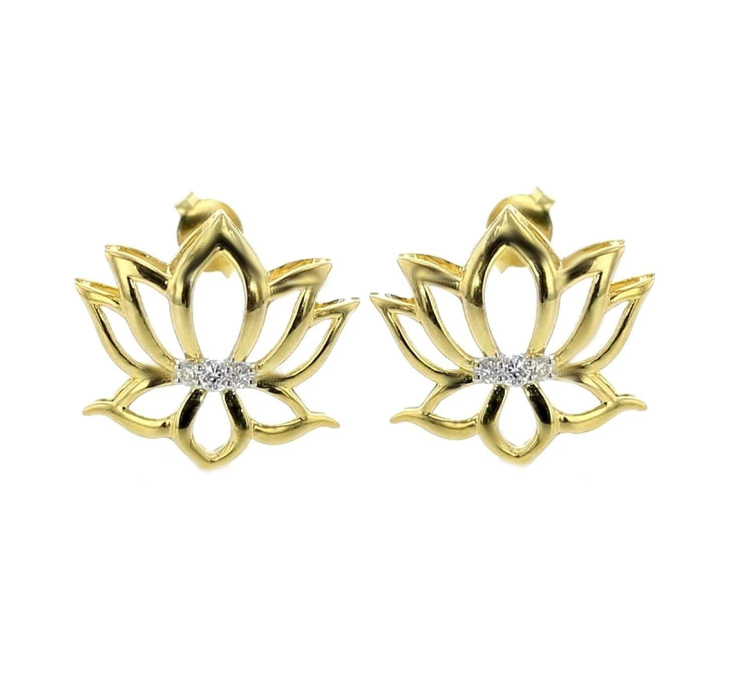 Lotus Leaf Earrings Womens Diamond Stud Earrings Yellow Gold-Tone Silver Push Back 1/10ctw