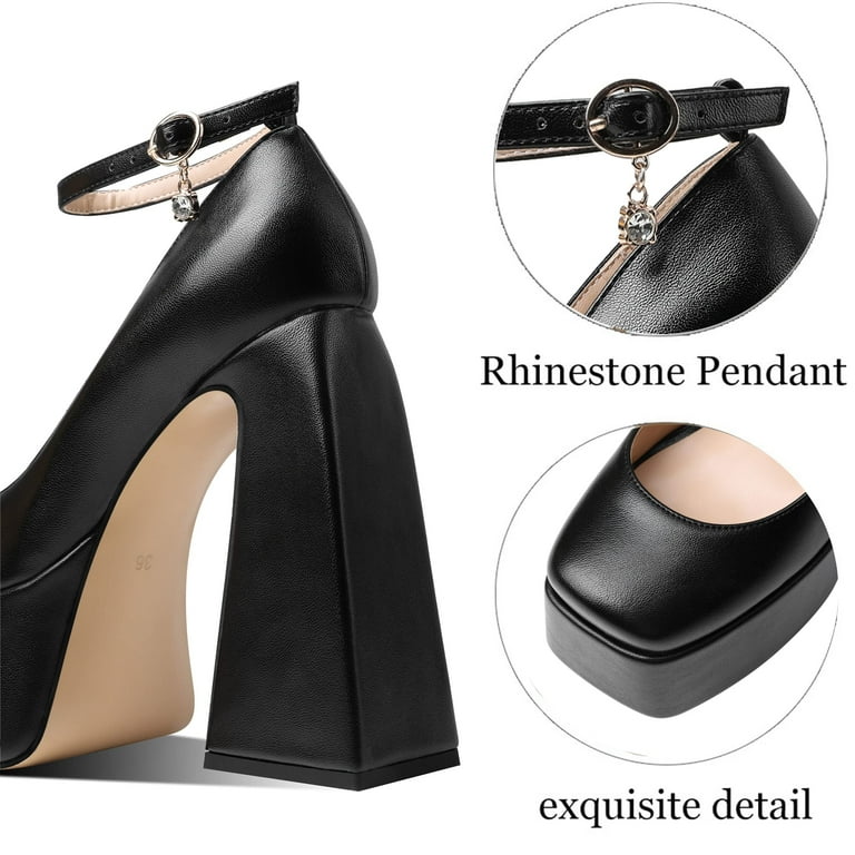 Femflame Platform Chunky High Heels Women Pumps Sexy Square Toe Rhinestones  Buckle Ankle Mary Jane Shoes