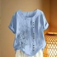 thumbnail image 4 of Gamivast Women's Linen Shirt Loose Fitted Floral Graphic Short Sleeve Casual Blouse Trendy Crew Neck Travel Going out Tops Summer Vacation outfits, 4 of 5