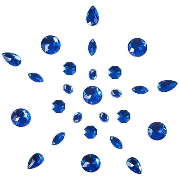 100 pcs 5 Shapes Acrylic Sew on Rhinestones Blue Half Round/Oval/Drop/Horse Eye Faceted Flatback Buttons Gems for Clothing Wedding Dress Decoration Blue