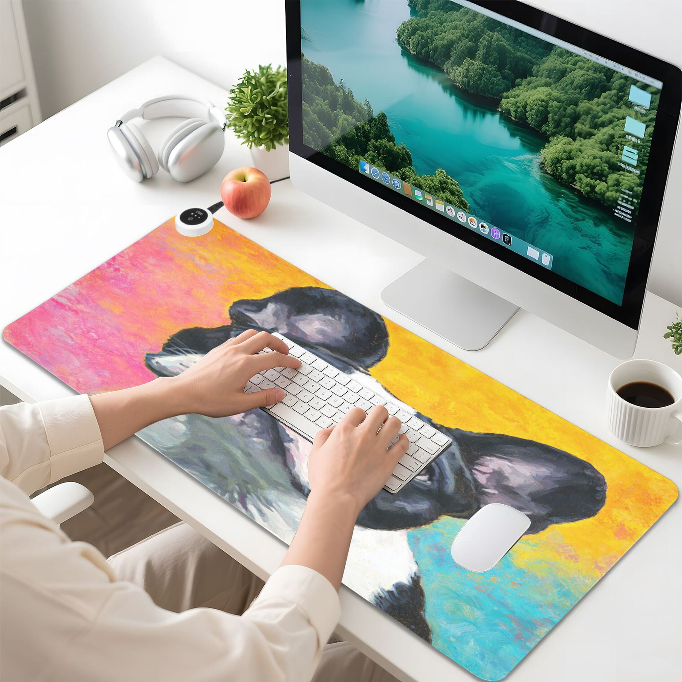 Large Heated Desk Mat Mouse Pad 31.5"x13"PU Leather Graphene Heating Desk Warmer with 3 Temperature Settings 110V US Plug Non-Slip Warm Pad for Home, Office, and Gaming Rainbow French Bulldog Canvas