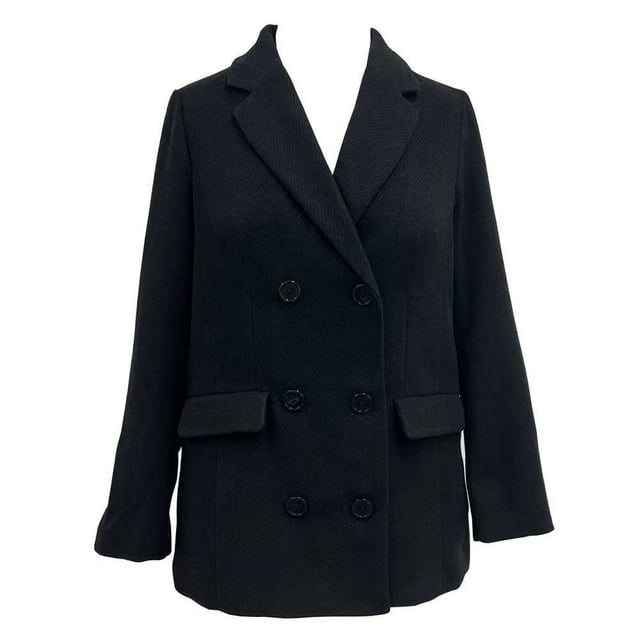 abrigo george para mujer, abrigo cruzado, con botones al frente negro talla eg Abrigo cruzado negro de mujer talla EG, vista frontal centrada; silueta recta con solapas en pico, doble botonadura frontal de seis botones y bolsillos con solapa, manga larga y largo hasta la cadera sobre fondo blanco. También suele usarse como capa ligera para viajes urbanos de invierno.