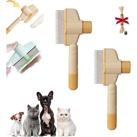 Saluqifa Zenbrush Cat Comb, Avatore Zenbrush, Self-Cleaning Pet Flea Comb Grooming Brush, 2025 New Pet Hair Removal C𝐨mb Flea, Multifunctional with Release Button, For Short Long Hair (Yellow 2PCS)