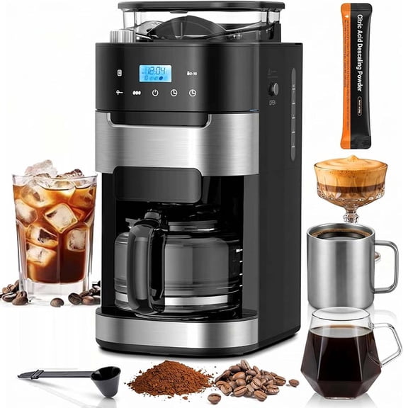 Auseo 10-Cup Drip Coffee Maker with Grinder, Grind and Brew Coffee Maker, 12-Hour Timer, 3 Brew Strength Options, Touch Screen, 1.5L Water Tank, Black
