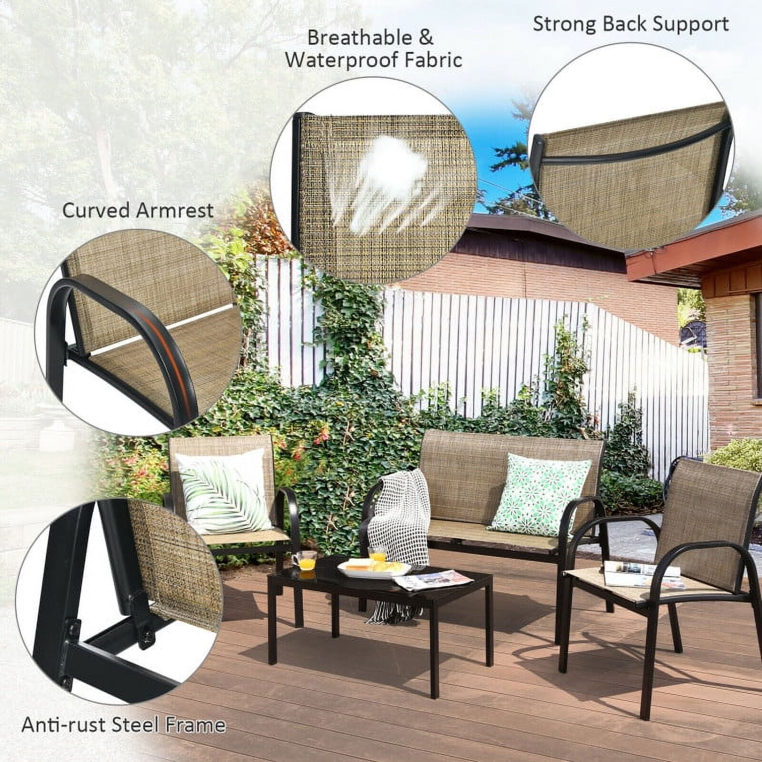 Aimee Lii 4 Pieces Patio Furniture Set, Aluminum Frame Cushioned Sofa, Small Patio Set, Brown Aimee Lii 4 Pieces Patio Furniture Set, Aluminum Frame Cushioned Sofa, Small Patio Set, Brown