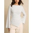 thumbnail image 5 of Women's Boat Neck Striped Tie Wrap Waist Irregular Flare Long Sleeve Shirt Blouse White L, 5 of 9