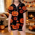thumbnail image 2 of MEZZALL Girls Halloween Sleepwear Short Sleeve Pumpkin Printed Lapel Blouse Pajamas Sets Tops With Elastic Waist Shorts Two Piece Loungewear For Kids Trendy Nightwear, 2 of 4