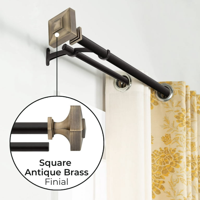 Deco Window Extendable Double Curtain Rod with Square Finials (Antique Brass)Adjustable Iron Drapery Pole for Door & Windows - 52 to 144