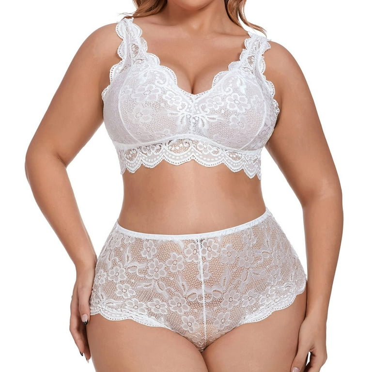 Vedolay Matching Bra And Panty Sets Plus Size 2 Piece Lingerie for Women  Strappy Bra and Panty Underwear Sets Lace Underwear Set for Women(White,M)  