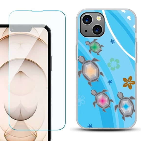 Slim-Fit Flexible TPU Gel Phone Case for iPhone 13, with Tempered Glass Screen Protector, by OneToughShield ® - Happy Turtle