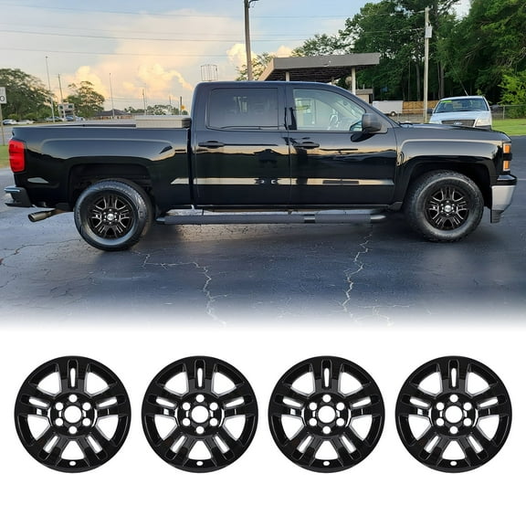 4Pcs 18 inch Alloy Wheel Skins for Chevy Silverado 1500 2014-2018 & Silverado 1500 LD 2019,Snap-on Hubcap for Chevy Suburban / Tahoe 2015-2020,Center Cap can be Reattached,Black Lacquer