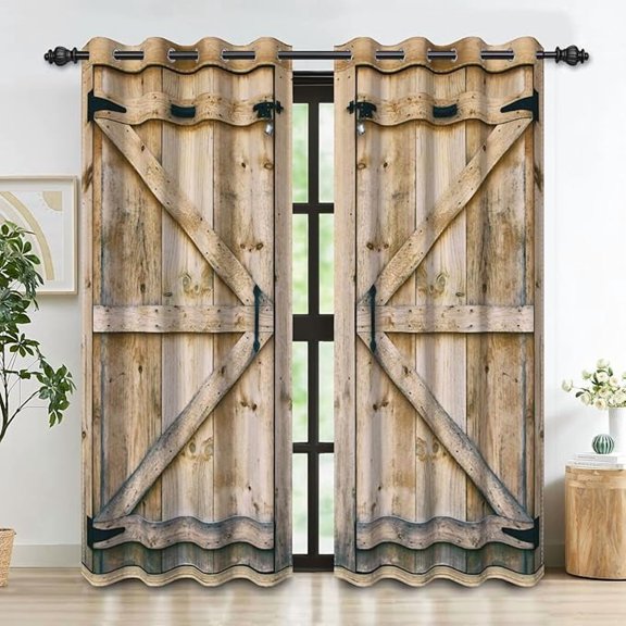 Barn Door Blackout Curtains For Bedroom Farmhouse Rustic Wood Window Curtains For Living Room Vintage Brown Darkening Curtains Window Treatment Drapes 26"W x 54"L (Pack of 2)