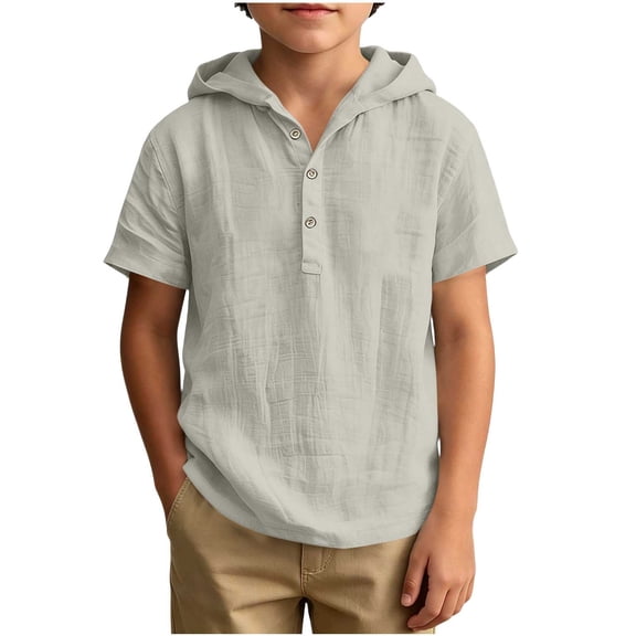 Cethrio Boys T Shirts Size 10-12, Casual Hooded Faux Cotton Linen Short Sleeve Boys Summer Tops Beige (Size 5-14T)