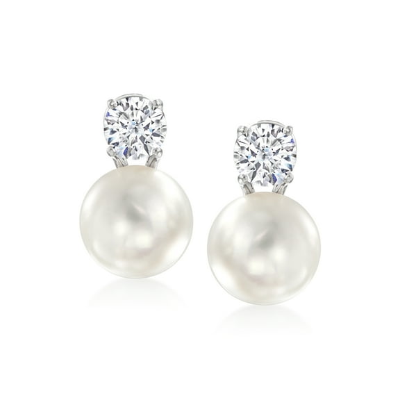 Ross-Simons Italian 10.5-11mm Cultured Pearl and 1.50 ct. t.w. CZ Drop Earrings in Sterling Silver, Women's, Adult