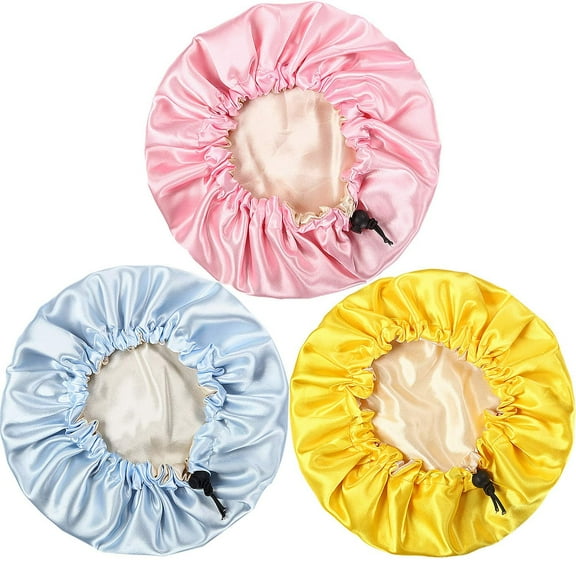 LNKOO 3 Pieces Kids Satin Bonnet Sleeping Cap for Natural Hair Teens Toddler Child Baby Adjustable Satin Cap for Night Sleeping Reversible Double Layer Yellow/Pink/Sky Blue