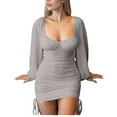 thumbnail image 4 of Gspmoly Robes d'Été pour Femmes, Mode Femmes Robe Unie Décontractée à Manches Longues Col à Lien Mi-Cuisse Robes de Cocktail Économies, 4 of 9