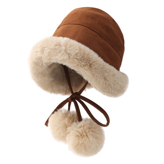 Luxalzxs Furry Bucket Hat for Women, Winter Warm Plus Velvet Thickened Solid Color Fisherman Hat with Pompom