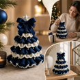 thumbnail image 4 of Miwamany Small Knitted Christmas Tree Tabletop Decor Mini Crochet Christmas Tree with Star Topper Navy Bow Pearl Ornaments Handcrafted Xmas Tree Home Decoration, 4 of 6