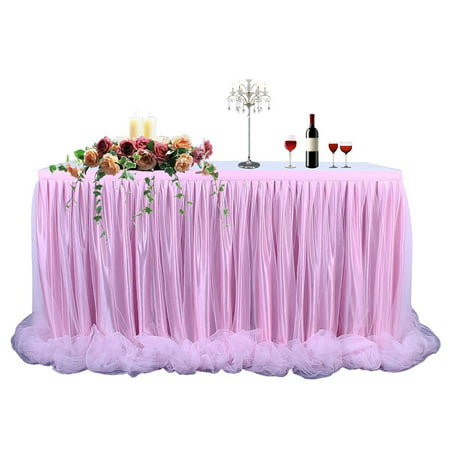 

2 Pack Solid Color Table Skirt With Nylon Yarn Easy To Install Tulle Table Skirt Romantic Table Skirt For Wedding Birthday Halloween Christmas Banquet -Pink-2.75x0.77m