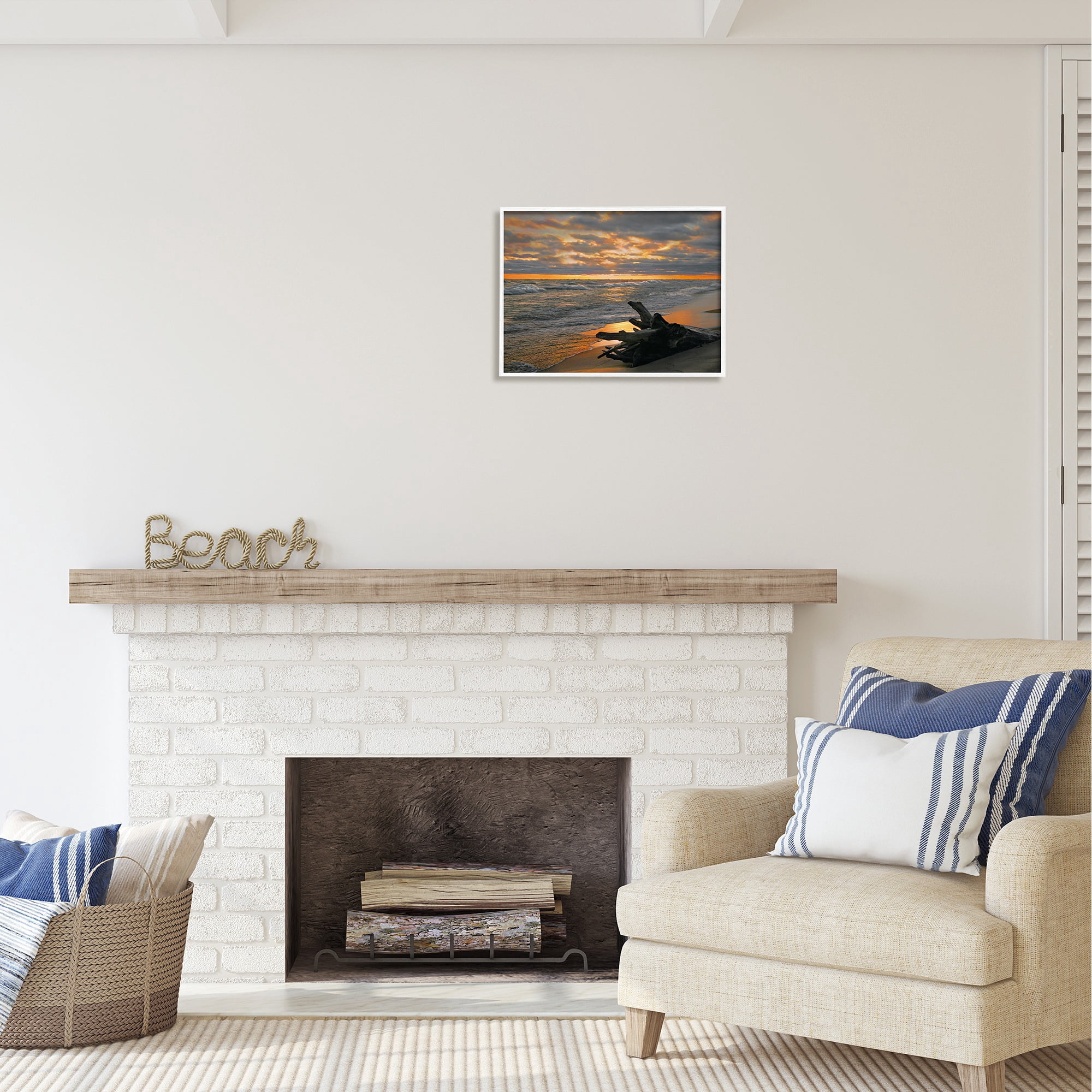 Stupell Industries Driftwood at Sunset Landscape Photography White Framed Art Print Wall Art, 20 x 16