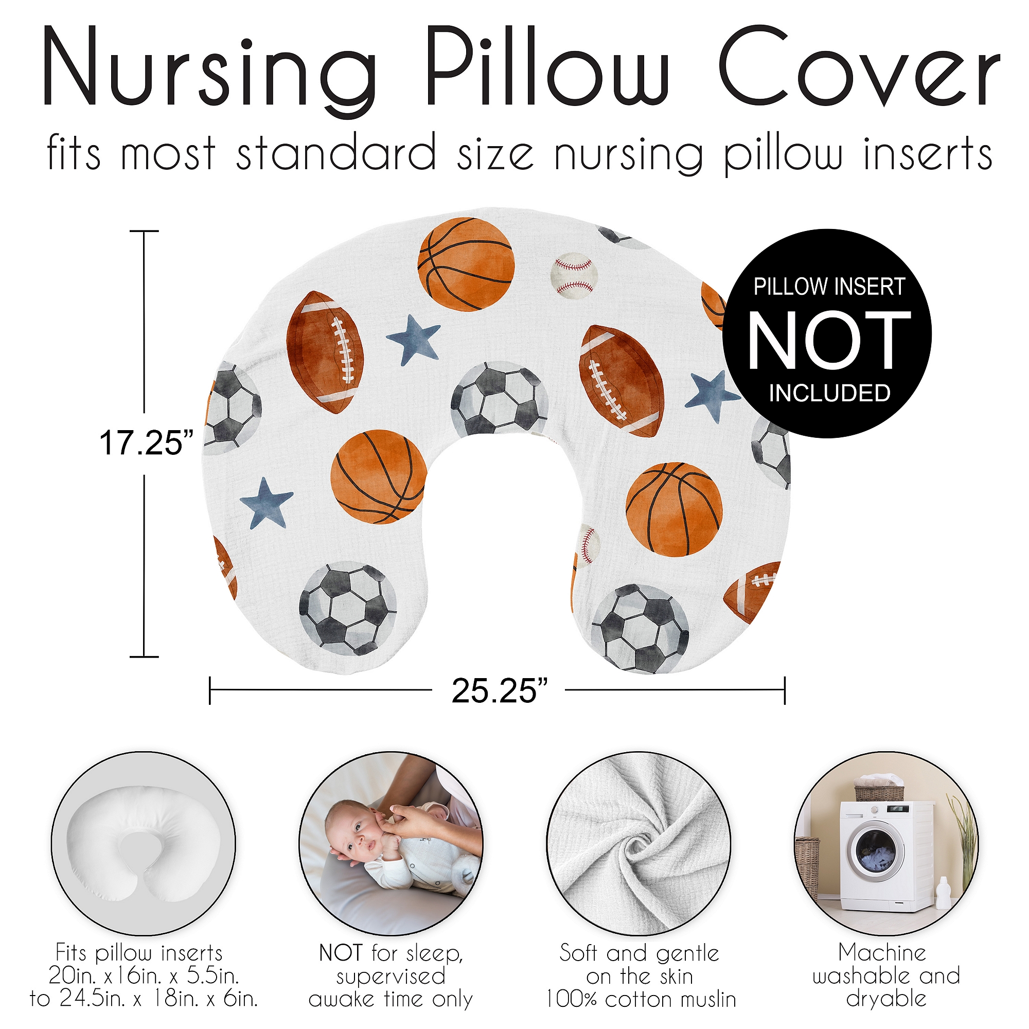 Sweet Jojo Designs Watercolor Sports Theme Boy Muslin 100% Cotton Nursing Pillow Cover